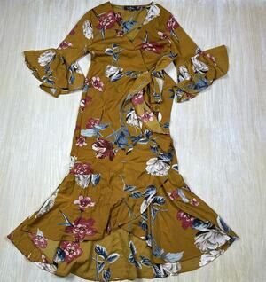 Lulu's Love & Light Mustard Yellow Floral Print Midi Romantic Faux Wrap Dress XS